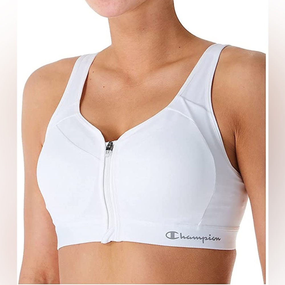 womens white zip up front closure razor back sports bra champion